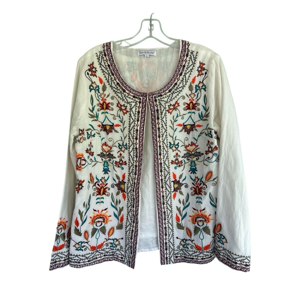 North Style Boho Embroidered Open Front Jacket Artsy Cardigan Blazer Festival L